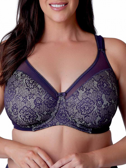 Beauty Minimiser Bra in Aubergine, front bra model. Elegant lace detail, perfect for fuller busts and larger back sizes. 
