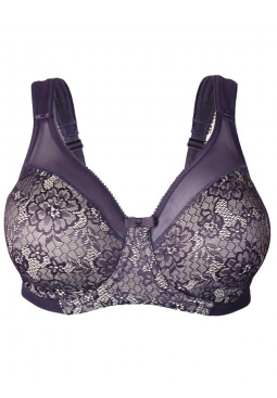 Beauty Minimiser Bra in Aubergine, front bra cut out. Elegant lace detail, perfect for fuller busts and larger back sizes. 
