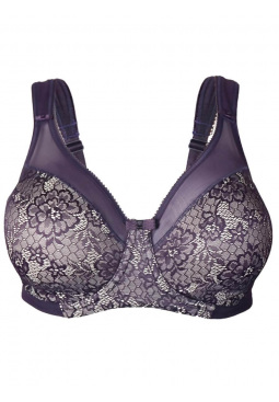 Beauty Minimiser Bra in Aubergine, front bra cut out. Elegant lace detail, perfect for fuller busts and larger back sizes. 
