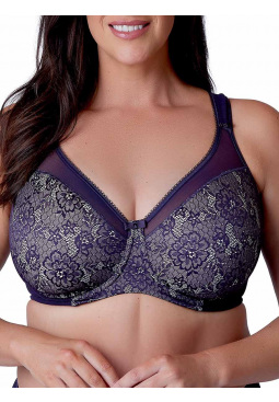 Beauty Minimiser Bra in Aubergine, front bra model. Elegant lace detail, perfect for fuller busts and larger back sizes. 
