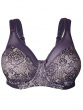 Beauty Minimiser Bra in Aubergine, front bra cut out. Elegant lace detail, perfect for fuller busts and larger back sizes. 
